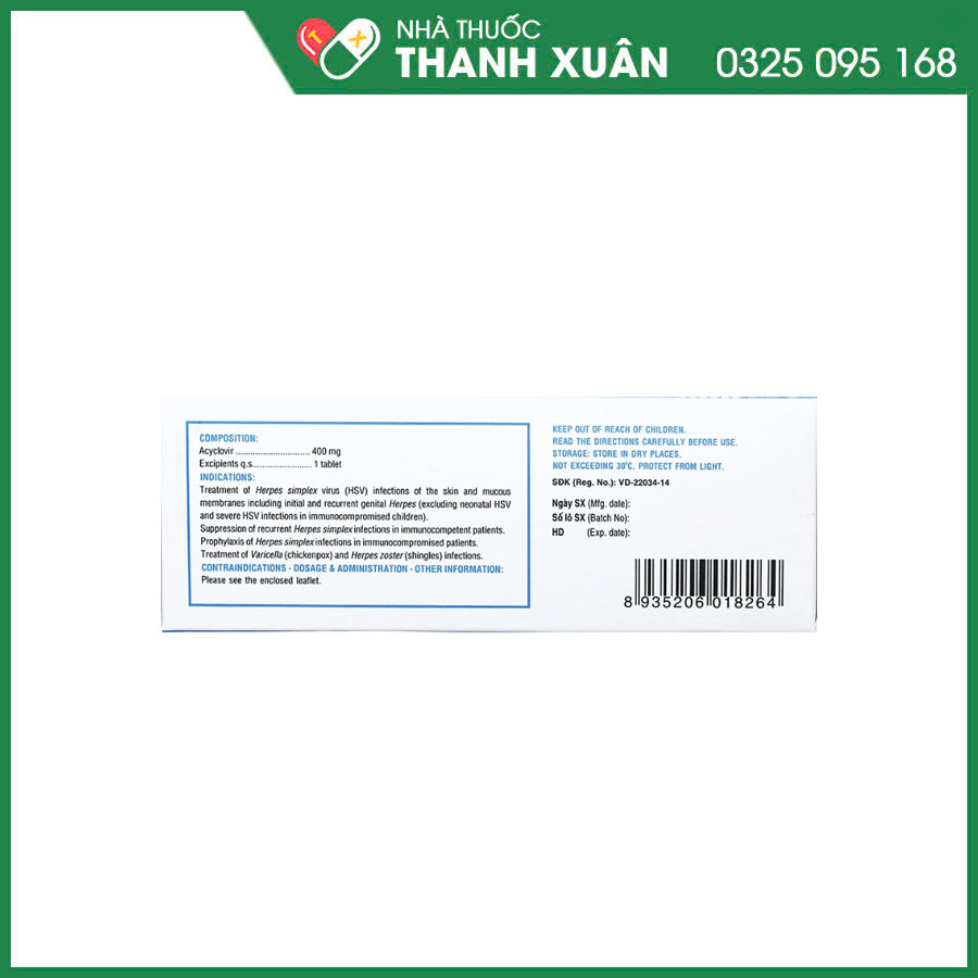 Medskin Clovir 400 thuốc phòng và điều trị nhiễm virus Herpes simplex ở da và niêm mạc, điều trị nhiễm Varicella (bệnh thủy đậu)